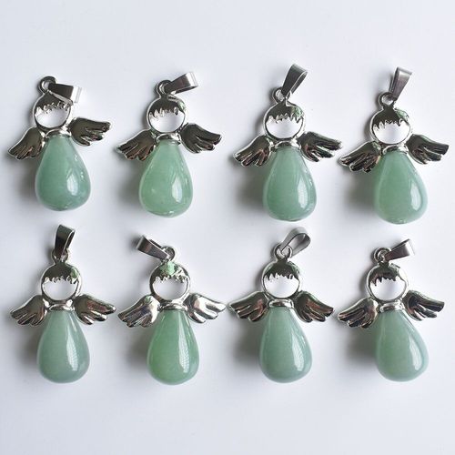Collier En Pierre Naturelle Pour Femme, Pendentif En Forme De Goutte D'eau, Couleur Verte, Aventurine, Ange, Bijoux, Cadeau Gratuit, Vente En Gros, 8 Pièces/Lot