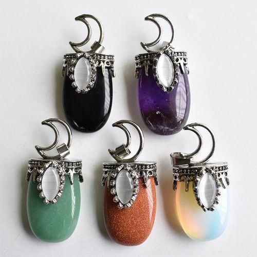 Pendentifs En Cristal De Pierre Naturelle, Collier, Améthystes De Couleur Argent Antique, Onyx Noir Pour La Fabrication De Bijoux, Charme De Lune, Cadeau 5 Pièces