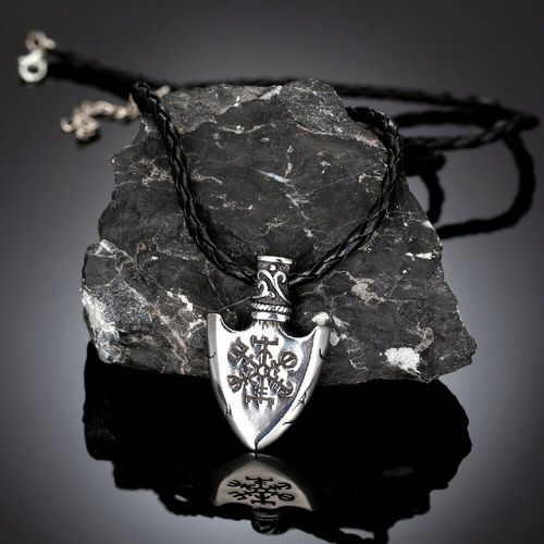 Collier Bouclier Viking En Acier Inoxydable Pour Hommes, Bijou Nordique Double Face, Amulette Rune, Pendentif Lance Boussole, En Cuir Véritable