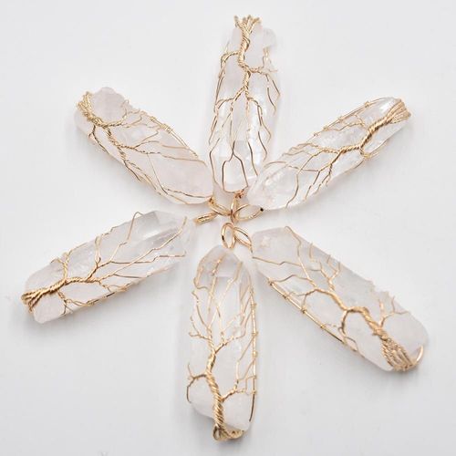 Pendentif Pilier En Cristal Blanc Naturel, Fait À La Main, Fil De Cuivre Enveloppé, Arbre De Vie, Vente En Gros, Lot De 6 Pièces Pour Collier Bijoux
