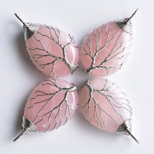 Pendentifs En Pierre De Quartz Rose Naturelle, Fait À La Main, Arbre De Vie, Vente En Gros, 4 Pièces/Lot, Livraison Gratuite