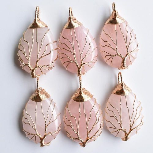 Pendentifs En Pierre De Quartz Rose Naturelle, Fait À La Main, Arbre De Vie, Vente En Gros, 6 Pièces/Lot, Livraison Gratuite