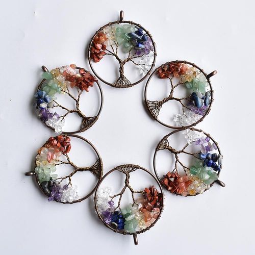 Pendentifs Ronds En Cuivre Plaqué Pour La Fabrication De Colliers, 7 Chakras, Pierre Naturelle, Arbre De Vie, Sagesse, Vente En Gros, 6 Pièces/Lot, Gratuit