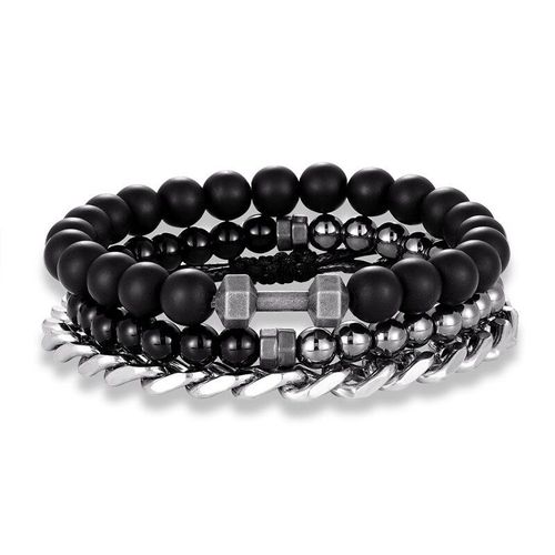 Ensemble De Bracelets En Pierre De Lave Et En Fer Pour Hommes, 3 Pièces En 1, Breloques En Forme D'haltère Croisé, Hématite Noire, Yoga, Bouddha