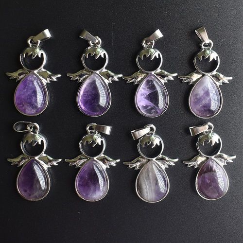 Collier Ailes D'ange En Pierre Améthyste Naturelle, Pendentif D'ange Pour Femme, Bijoux Cadeau, 8 Pièces/Lot, Vente En Gros, Livraison Gratuite