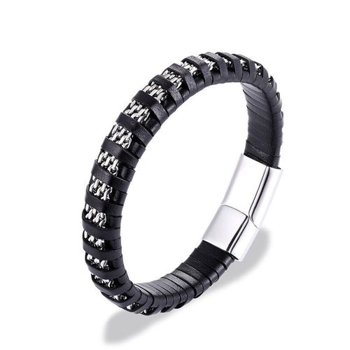Bracelet Tressé Noir En Cuir Véritable Pour Hommes, Chaîne En Acier Inoxydable, Fermoir Magnétique, Bijoux Cadeaux