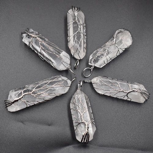 Pendentif Pilier En Cristal Blanc Naturel, Fait À La Main, Fil D'argent Et De Cuivre Enveloppé Arbre De Vie, Vente En Gros, 6 Pièces/Lot De Bijoux De Collier