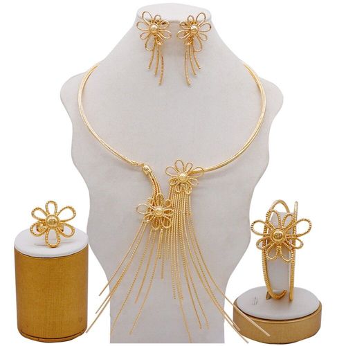 Grand Ensemble De Bijoux Africains Pour Femmes, Collier, Pétale De Fleur Jaune, Couleur Or 24k, Tendance, Pour Mariage Nigérian