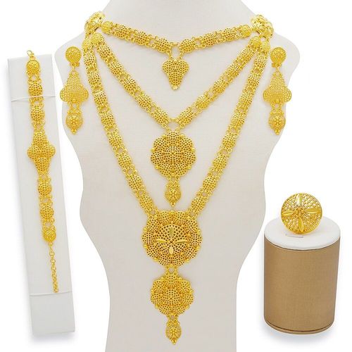 Ensemble De Bijoux De Décoration, Collier Long, Boucle D'oreille, Bracelet, Accessoires De Mariage, Couleur Or Rose, Dubaï