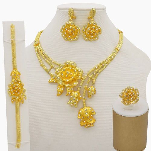 Ensemble De Bijoux En Or De Dubaï Pour Femmes, Collier, Bracelet, Boucles D'oreilles, Fête De Mariage, Fleur De Rose