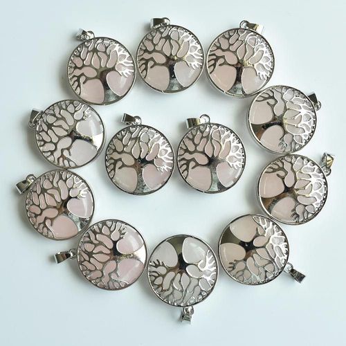 Pendentifs En Alliage D'arbre De Vie En Pierre Naturelle Rose, Vente En Gros, Accessoires De Bijoux, Marquage, Livraison Gratuite, 12 Pièces/Lot