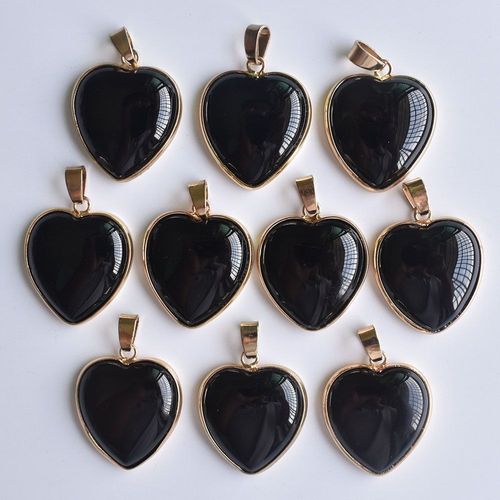 Pendentifs En Forme De C¿Ur Pour Fabrication De Bijoux, Lot De 10 Pièces, En Onyx Noir Naturel, Or, 25mm, Vente En Gros, Nouvelle Collection 2020, Livraison Gratuite