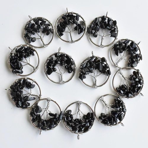 Pendentifs En Pierre D'obsidienne Noire Naturelle, Fait À La Main, Arbre De Vie, 30mm, Pour Marquage De Bijoux, Vente En Gros, 12 Pièces/Lot