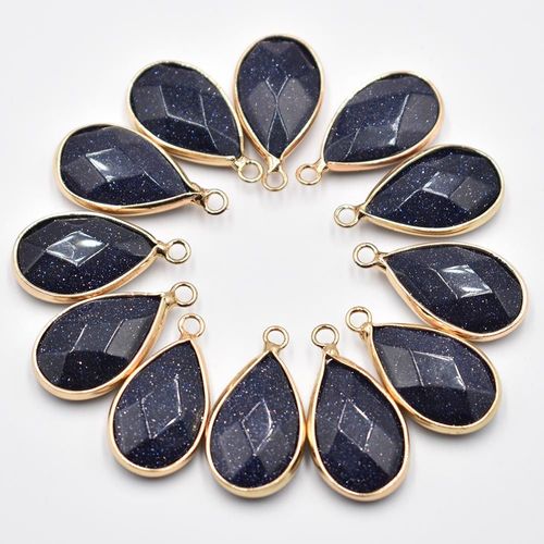 Pendentifs En Pierre De Sable Bleu, 12 Pièces/Lot, Qualité À La Mode, Section En Forme De Goutte D'eau, Connecteur De Couleur Or Pour La Fabrication De Bijoux, Vente En Gros