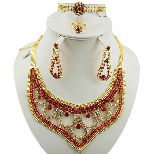 Ensemble De Bijoux Indiens Pour Femmes, Couleur Rouge Et Bleue, Bijoux De Mariage Africain, Grand Collier