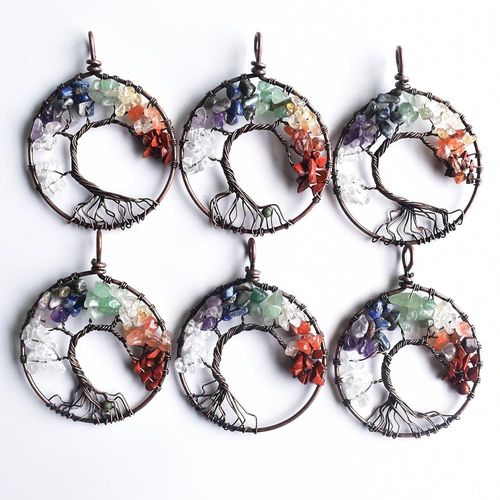 Pendentifs Ronds En Cuivre Plaqué Pour La Fabrication De Colliers, 7 Chakras, Pierre Naturelle, Arbre De Vie, Sagesse, Vente En Gros, 6 Pièces/Lot, Gratuit