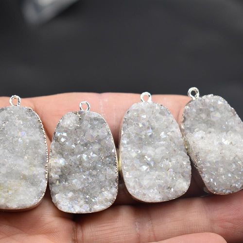 Pendentif En Pierre De Quartz Blanche, 4 Pièces/Lot, Pendule Druzy, Collier À Breloques En Pierre Naturelle, Pour La Fabrication De Bijoux, Vente En Gros