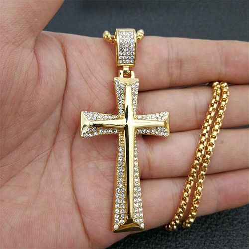 Collier Avec Pendentif En Forme De Croix Pour Homme, En Acier Inoxydable, Boîte Dorée, Chaîne Pavée De Strass, Bijoux Cadeau