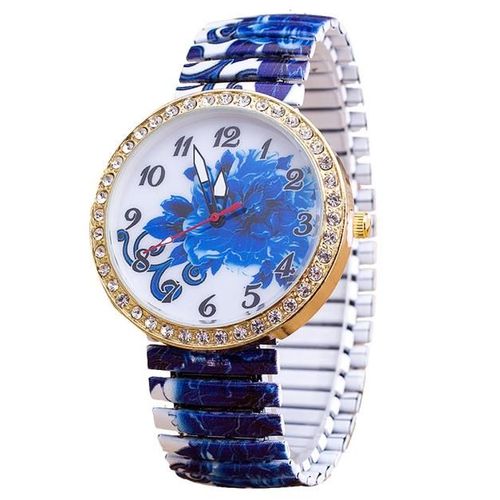 Montre Bracelet De Luxe Pour Femmes, Élasticité, Fleurs Bleues, Rétractable, Quartz, Alliage, Boîtier Rond, Diamant, Jul30