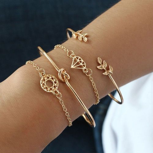 Ensemble De 4 Bracelets Élégants En Cristal Rose Pour Femmes, Fleur, Manchette, Bijoux Or