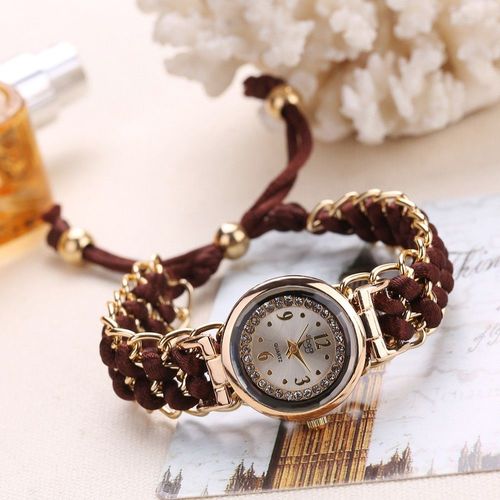 Montre Bracelet En Strass Pour Femmes, 1 Pièce, Corde Tricotée À La Main, Chaîne Enroulée, Mouvement À Quartz Analogique, Élastique, Mode