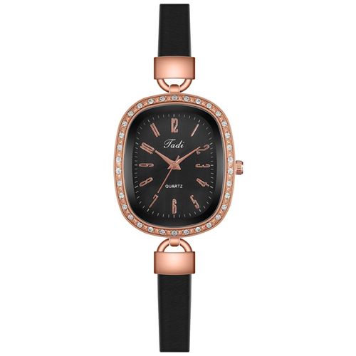 Montre Bracelet En Cuir Pour Femmes, Ovale, Cloutée De Diamants, Compacte, Littéraire, Rétro, Numérique, Mode, Or Rose, Romantique, Luxe