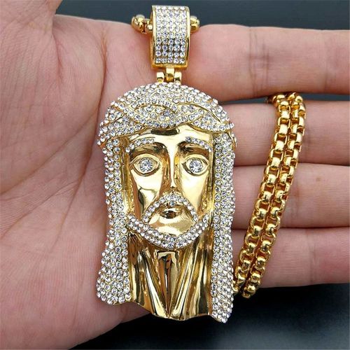 Collier Avec Pendentif Tête De Jésus Christ Pour Homme, Chaîne En Acier Inoxydable Et Strass Glacé, Bijoux Doré Hiphop