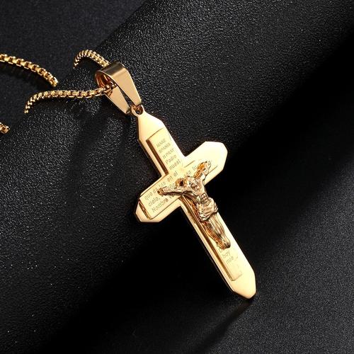 Collier Crucifix Jésus Croix En Acier Inoxydable, Pendentif Christ, Boîte Dorée, Chaîne Pour Hommes, Bijoux Cadeaux, Livraison Directe