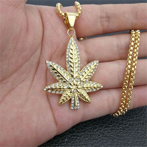 Collier Et Pendentif En Feuille De Chanvre Glacée, Chaîne En Acier Inoxydable, Couleur Or Scintillant, Zircon Cubique, Bijoux Hip Hop Pour Hommes, Cadeau