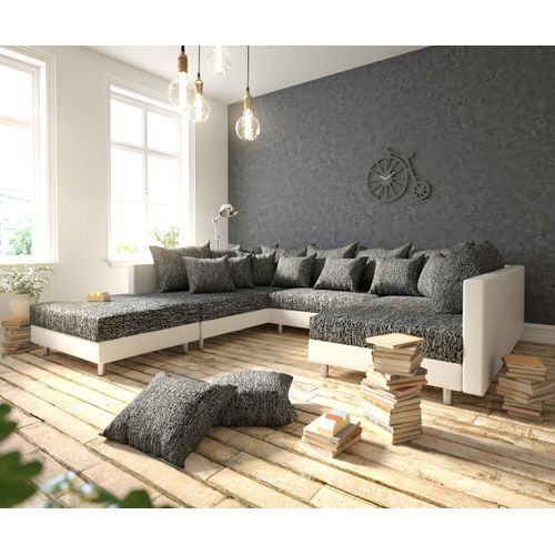 Canapé Clovis Blanc Noir Avec Tabouret Canapé Panoramique Modulable
