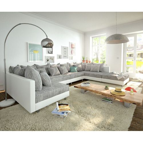 Canapé Clovis Xl Blanc Gris Clair Avec Tabouret Canapé Panoramique Modulable