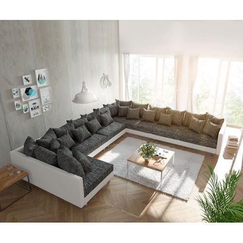Canapé Clovis Xxl Blanc Noir Pouf À Droite Salon