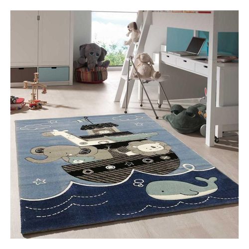 Tapis Enfant 240x340 Rectangle Tissé Bleu Motif Animaux Etelda