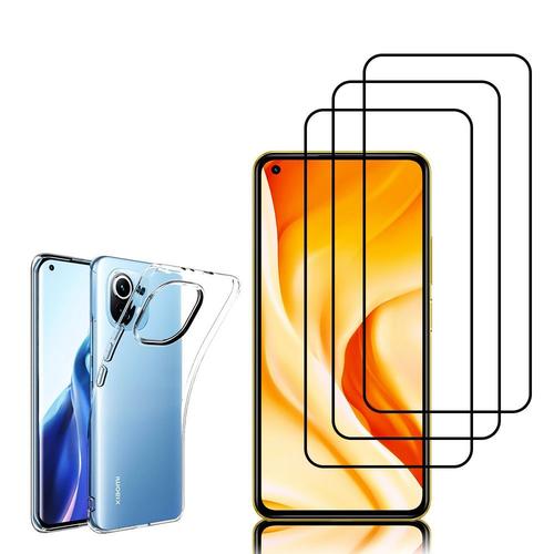 Coque Silicone Pour Xiaomi Mi 11 Lite/ Mi 11 Lite 5g 6.55" Gel Ultraslim Et Ajustement Parfait - Transparent + 3 Films Verre Trempé - Noir