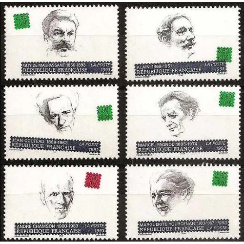 France 1993, Très Belle Série Complète Neuve** Luxe Écrivains Français, Timbres Yvert 2799 Maupassant 2800 Alain 2801 Cocteau 2802 Pagnol 2803 Chamson 5804 Yourcenar.