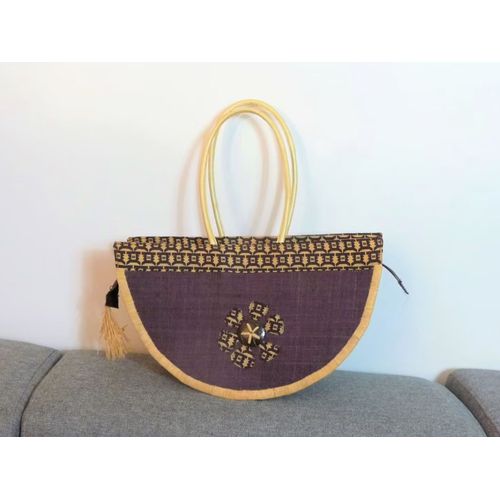 Sac Violet Foncé et Beige en Paille et Tissu avec ses Anses- Neuf