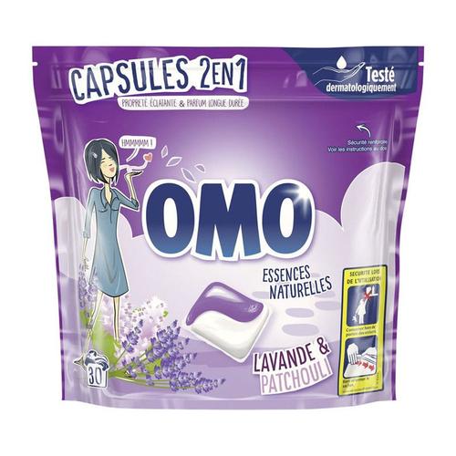 LOT DE 3 - OMO Essences Naturelles 2en1 - Lessive capsules Lavande et Patchouli - 30 capsules