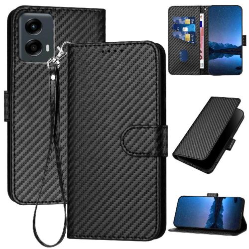 Flip Étui Pour Motorola Moto 5g 2024 Surface De Fibre De Carbone Avec Fente Pour Carte Et Béquille Cuir Premium Avec Sangle Détachable - Noir