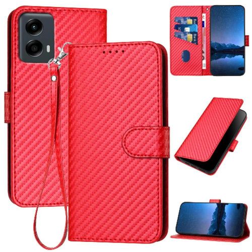 Flip Étui Pour Motorola Moto 5g 2024 Surface De Fibre De Carbone Avec Fente Pour Carte Et Béquille Cuir Premium Avec Sangle Détachable - Rouge