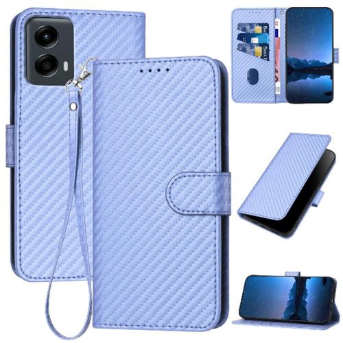Flip Étui Pour Motorola Moto 5g 2024 Surface De Fibre De Carbone Avec Fente Pour Carte Et Béquille Cuir Premium Avec Sangle Détachable - Violet