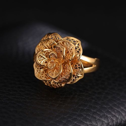 Bague En Or Jaune 24k Remplie De Grandes Fleurs Creuses Pour Femmes, Déclaration De Fête De Mariage, Nouveau Bijou À La Mode Bague Avec Breloque 2018