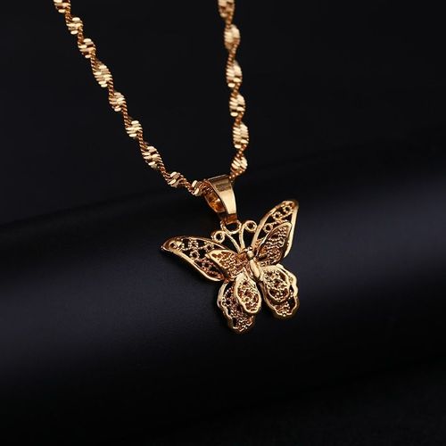 Collier Avec Pendentif Papillon Pour Femme, Chaîne À Vagues, Bavoir En Or Jaune 24k, Bijoux Épais