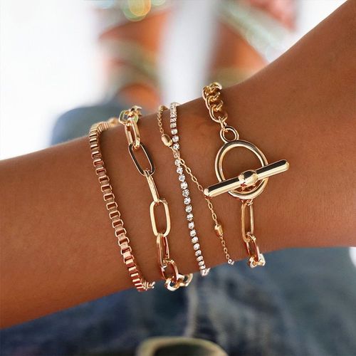 Bracelet À Chaîne Épaisse En Cristal Doré Pour Femmes, Ensemble De Bracelets Punk, Bohème, Géométrique, À Boucle Ot, Cadeau De Fête, 5 Pièces/Ensemble