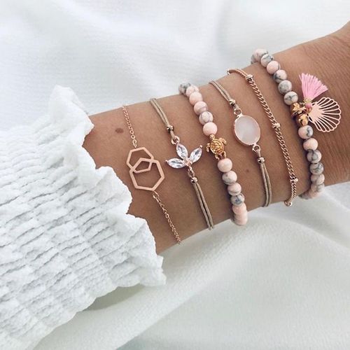 Ensemble De Bracelets En Chaîne À Pampilles Rose, Style Bohème, Pour Femmes, Coquillage, Tortue, Fleur, Cristal, Perles, Bijoux