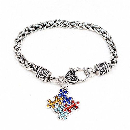 Bracelet Antique En Cristal Plaqué Autisme, Pendentif Puzzle Multicolore, Griffe De Homard