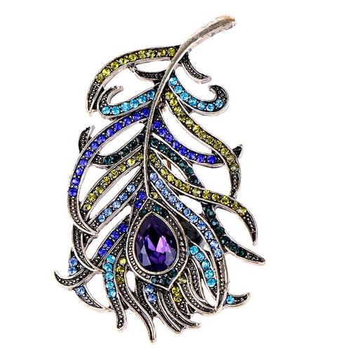 1 Pièces Boho Crystral Paon Plumes Broche Émail Broches Bleu Profond Broches Pour Décorations En Tissu Accessoires De Mariage