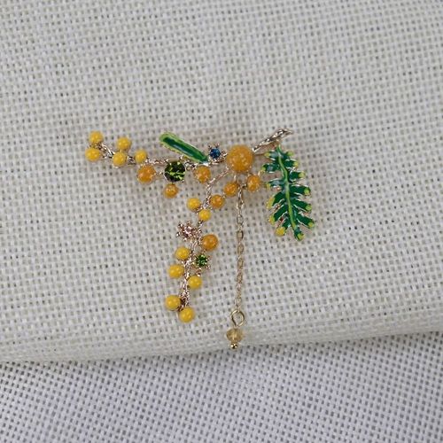 Chaîne À Pompon Élégante En Zircon Coloré, Goutte À Goutte, Feuilles Vertes De Glaçure, Broche Mimosa Pour Femmes, Accessoires De Collier, Bijoux
