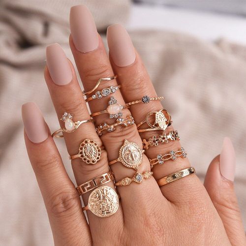 Ensemble De Bagues De Style Bohème Vintage En Opale Pour Femmes, 1 Ensemble = 15 Pièces, Bijoux De Doigt, Fleur, C¿Ur, Yoga, Croix, C¿Ur