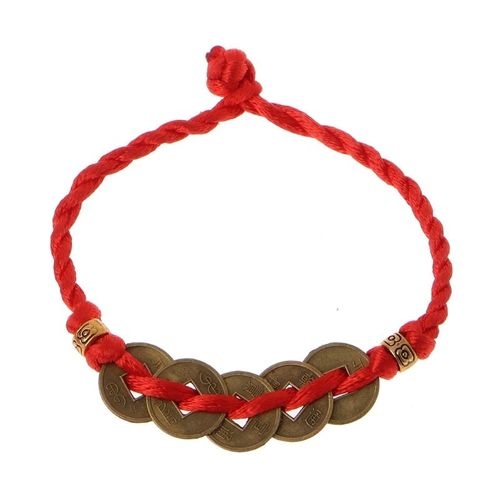 Pendentif Feng Shui Chinois Porte Bonheur En Cuivre, Pièce De Monnaie, Chaîne Rouge, Bracelets Wxte