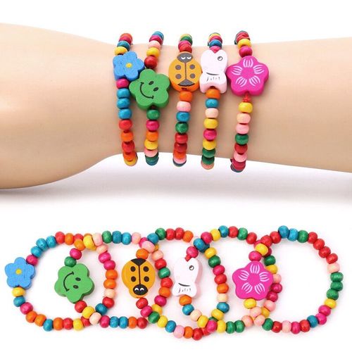 Bracelets De Perles Élastiques En Bois Pour Enfants, Bijoux De Fête D'anniversaire, Cadeau, 5 Pièces